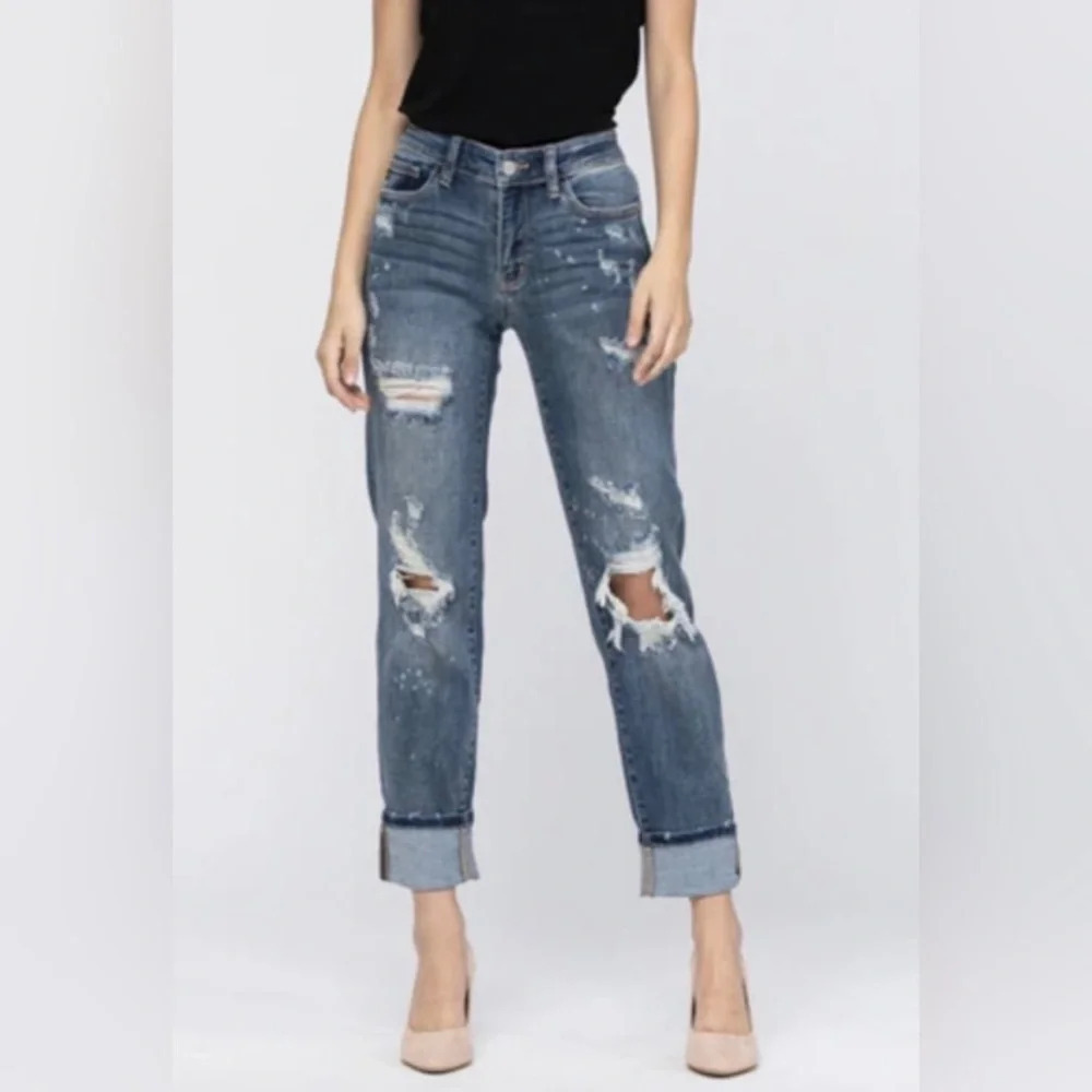 Judy‎ Blue Boyfriend Fit Distressed Blue Bleach
Splatter Denim Jeans Size 7 / 28